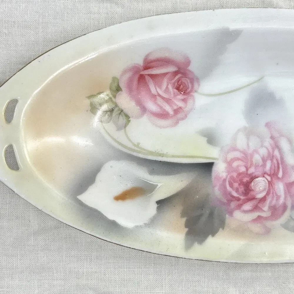 Rose Porcelain Tray Hand Painted Pink Floral Trinket Dish Vanity Romantic 9x4